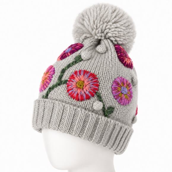 Lost Horizons Tranquil Blooms Wool Floral Embroidered Pom Beanie NWT Nepal main image 12